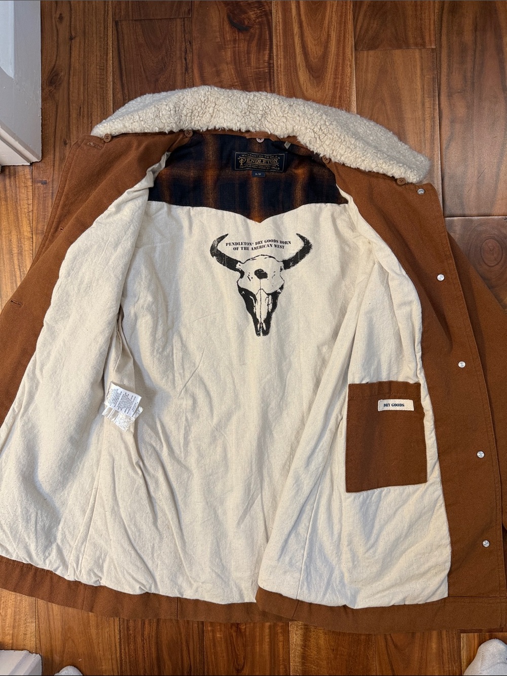 Pendleton Brown Utility Jacket with Removable Cream Shearling Collar, Small - Picture 8 of 13